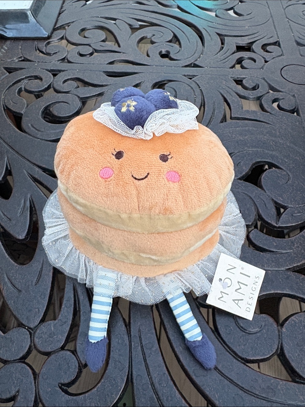 Mon Ami Plush Pancake Doll with Blue Berry Hat and Striped Legs